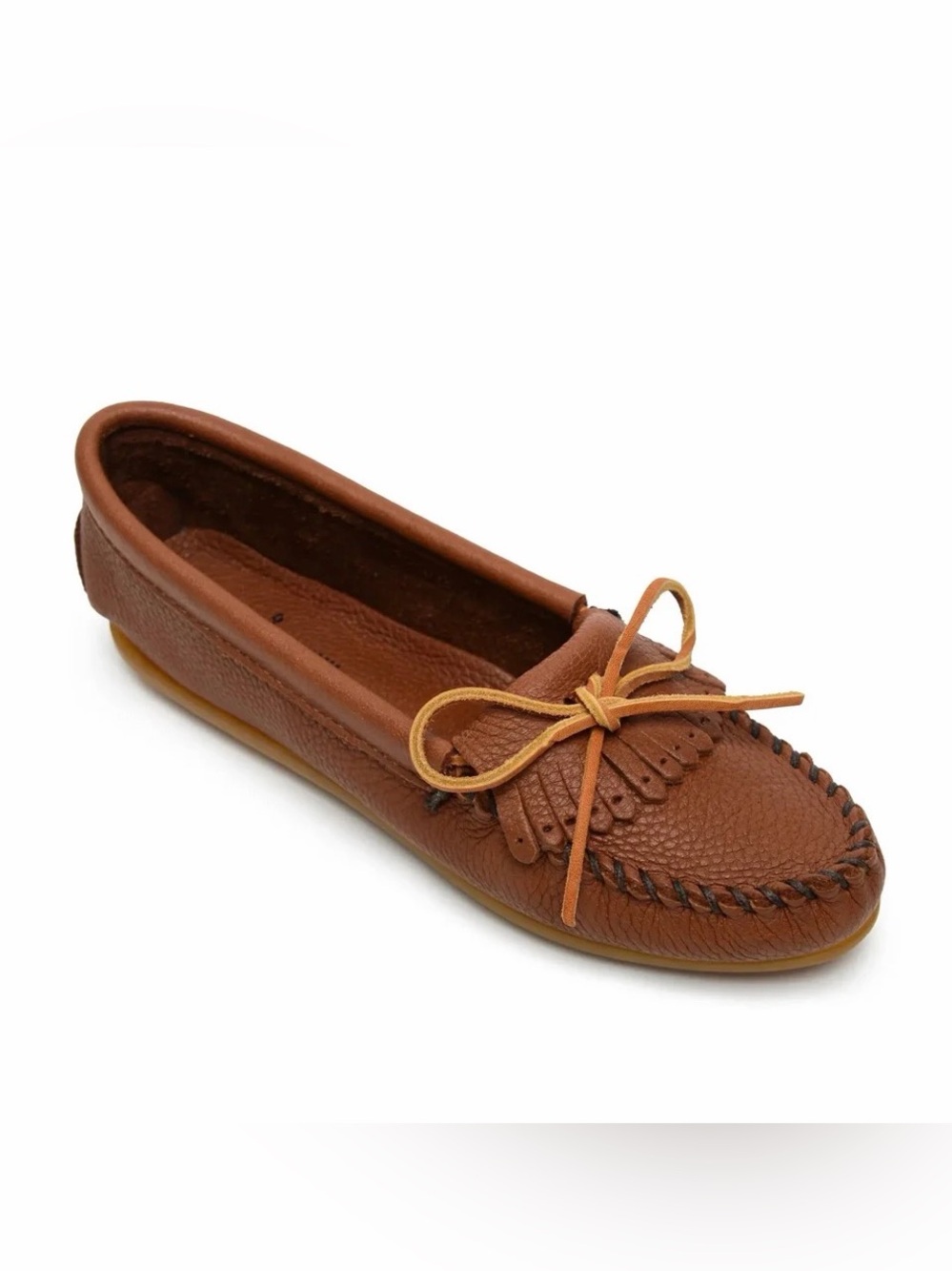 Minnetonka deerskin hard sole Brown Leather Kilty Moccasin with Bow - Picture 1 of 9